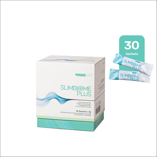 Swissmed Slimbiome Plus supplement box containing 30 sachets for weight management support