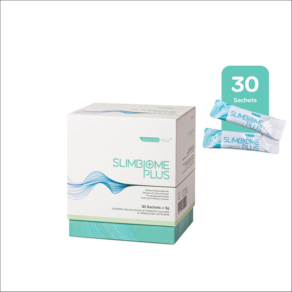 Swissmed Slimbiome Plus supplement box containing 30 sachets for weight management support