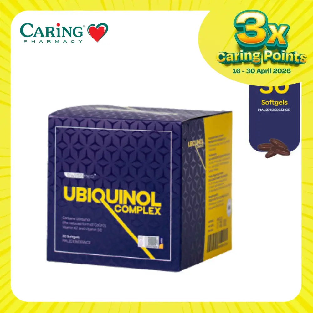 SWISSMED Ubiquinol Supplement Malaysia in a box containing 30 softgels for health support