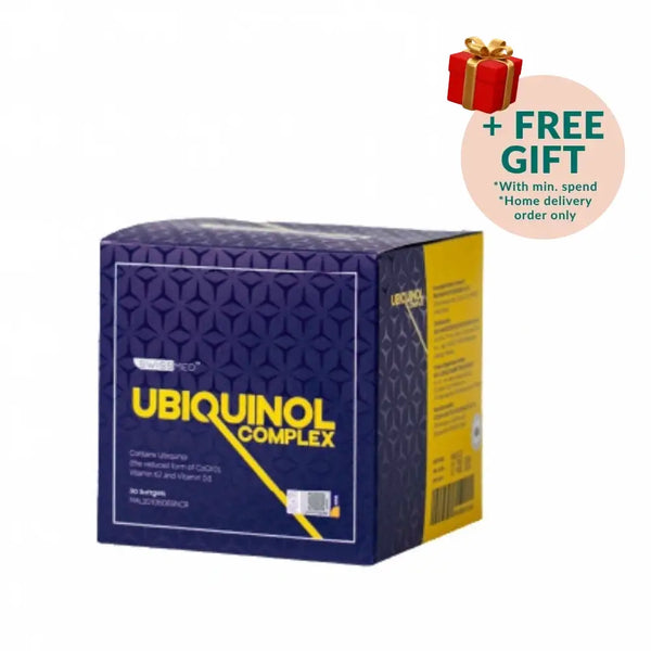 SWISSMED Ubiquinol Supplement Malaysia in a box containing 30 softgels for health support
