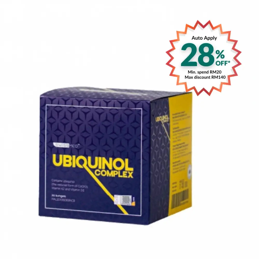 SWISSMED Ubiquinol Supplement Malaysia in a box containing 30 softgels for health support