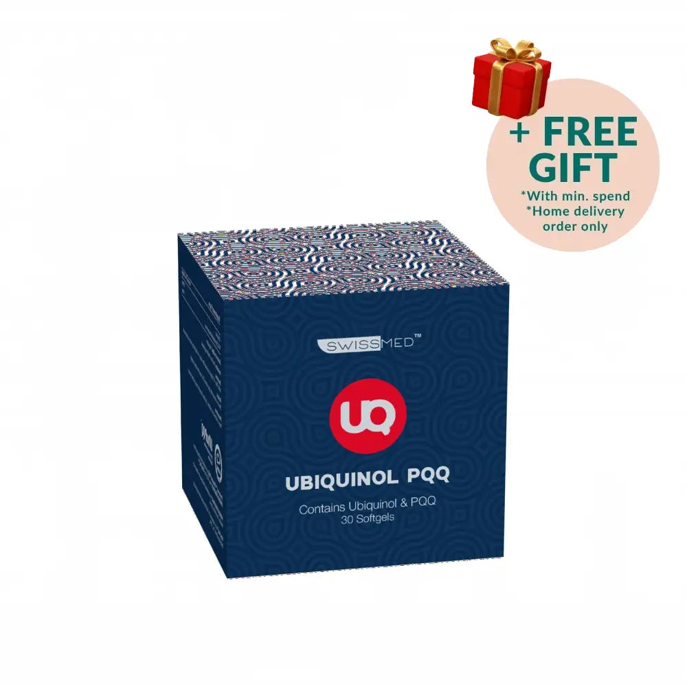 SWISSMED Ubiquinol PQQ supplement box with 30 softgels for enhanced energy support