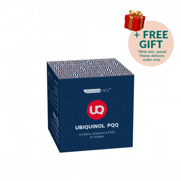 SWISSMED Ubiquinol PQQ supplement box with 30 softgels for enhanced energy support