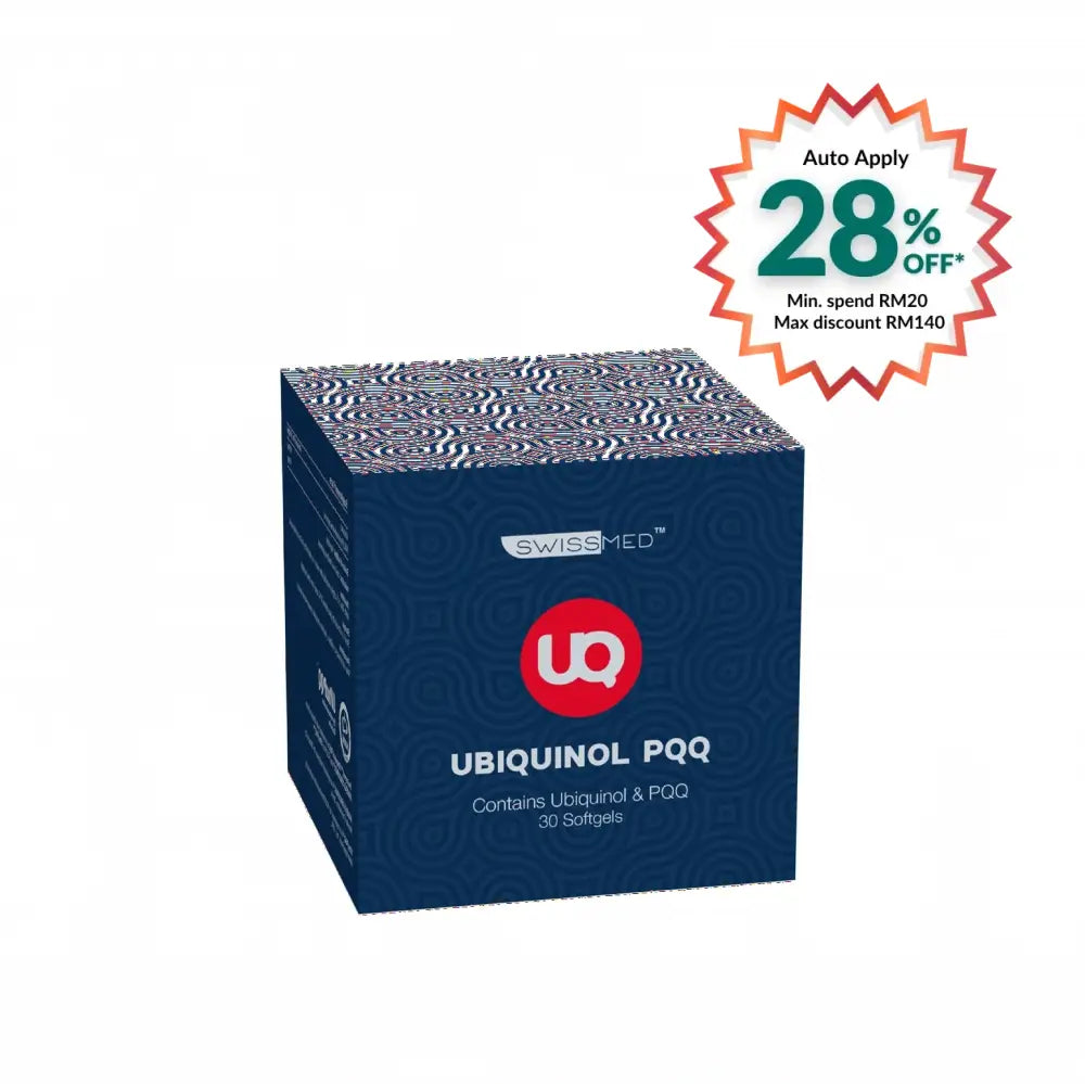 SWISSMED Ubiquinol PQQ supplement box with 30 softgels for enhanced energy support