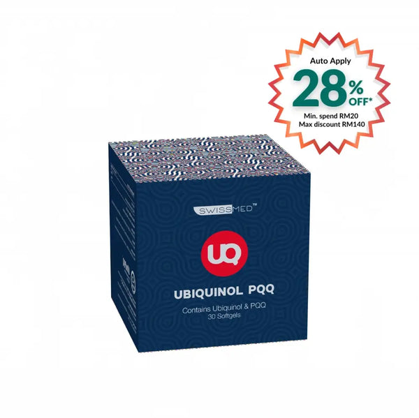 SWISSMED Ubiquinol PQQ supplement box with 30 softgels for enhanced energy support