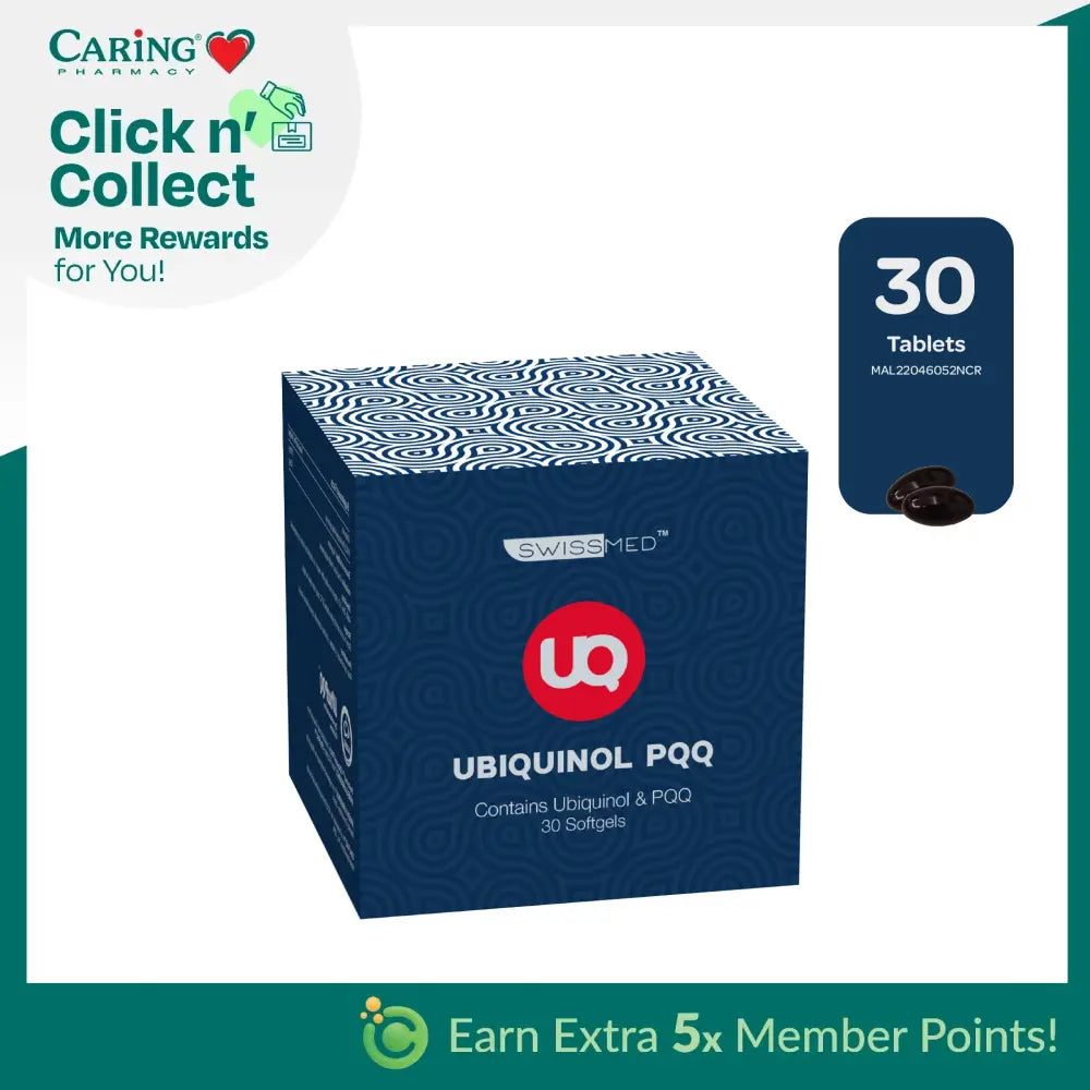 SWISSMED Ubiquinol PQQ supplement box with 30 softgels for enhanced energy support