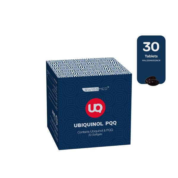 SWISSMED Ubiquinol PQQ supplement box with 30 softgels for enhanced energy support