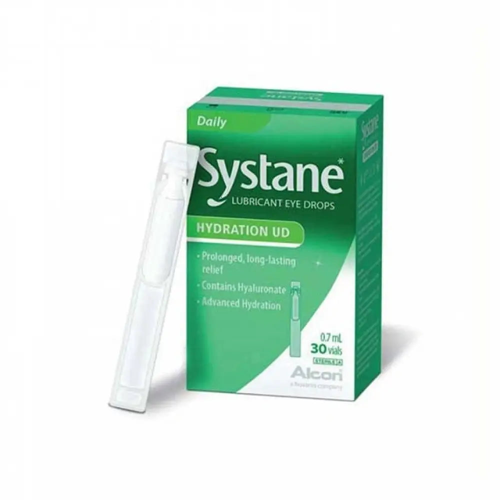 Systane Hydration UD eye drops in a 0.7ml vial with box packaging for dry eye relief