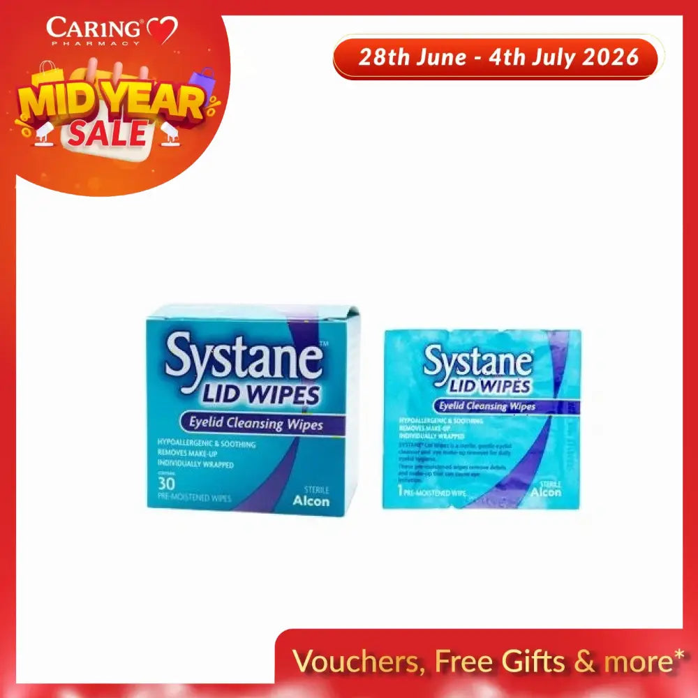 Systane lid wipes for eyes in a box of 30 individually wrapped eyelid cleansing wipes