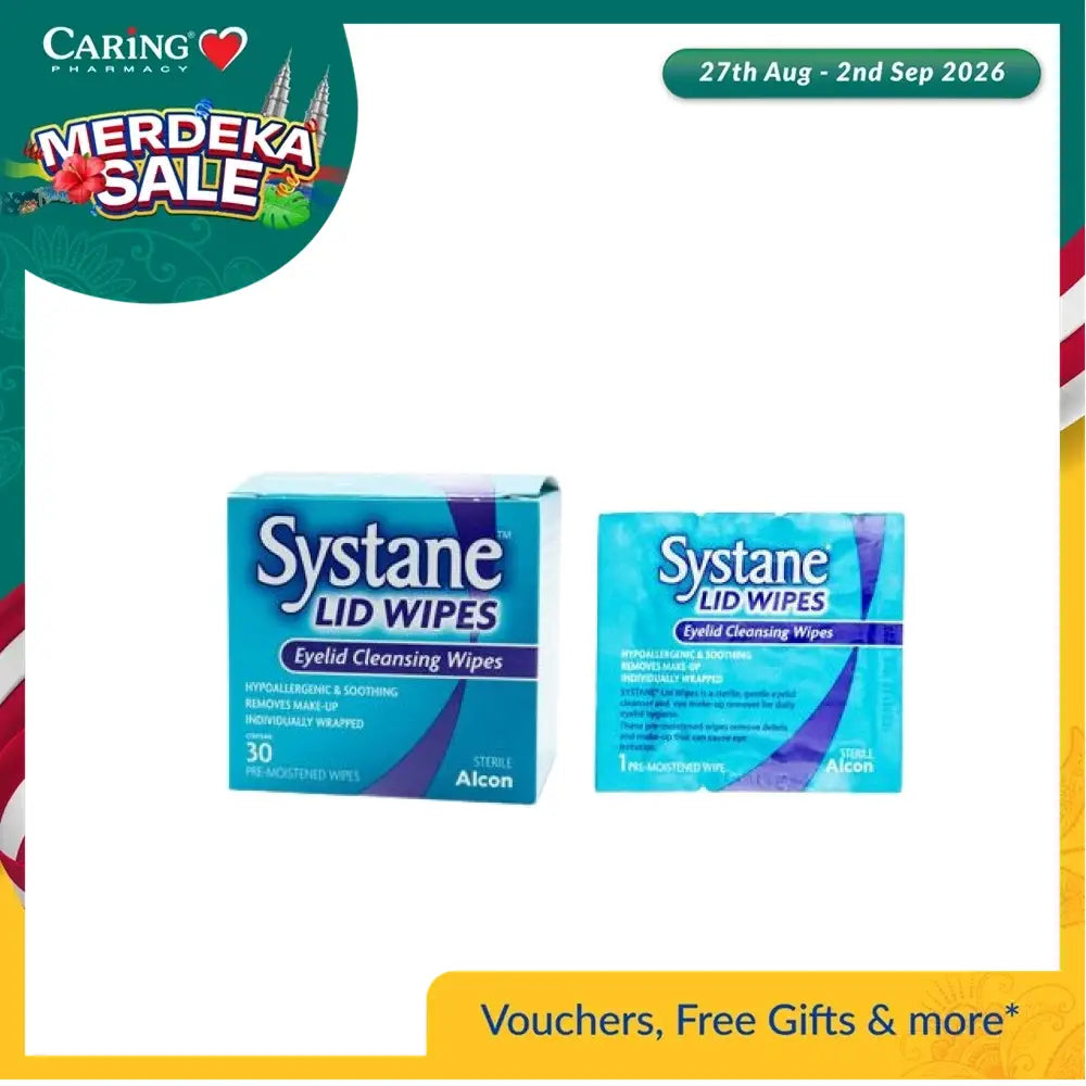 Systane lid wipes for eyes in a box of 30 individually wrapped eyelid cleansing wipes