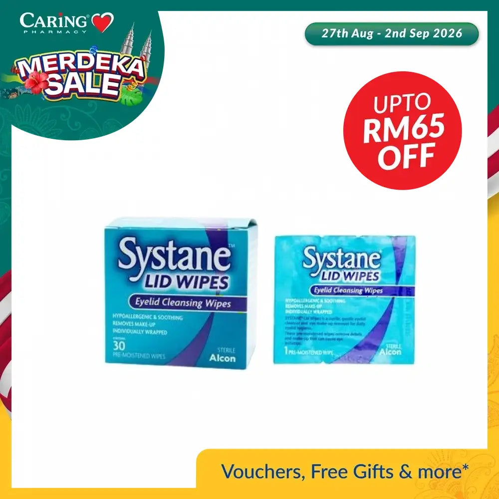 Systane lid wipes for eyes in a box of 30 individually wrapped eyelid cleansing wipes
