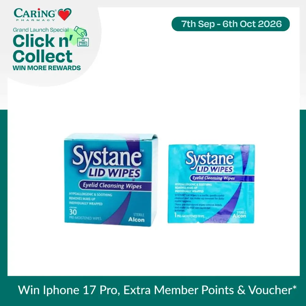 Systane lid wipes for eyes in a box of 30 individually wrapped eyelid cleansing wipes