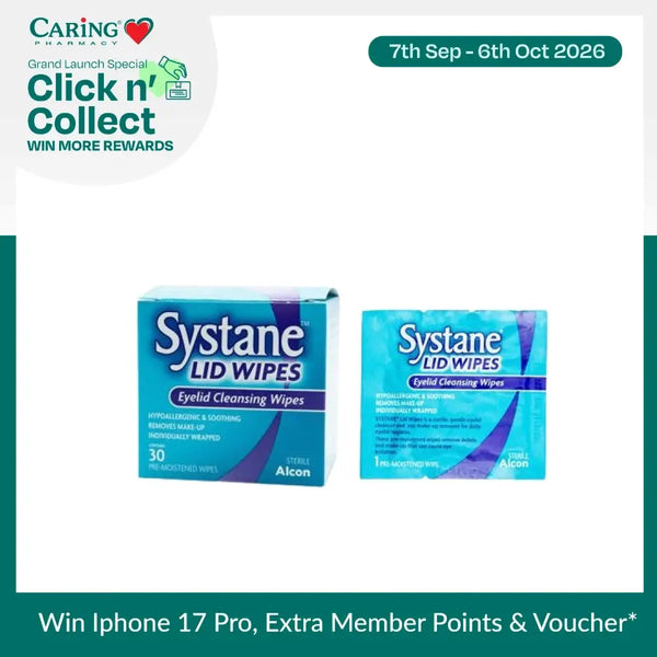 Systane lid wipes for eyes in a box of 30 individually wrapped eyelid cleansing wipes