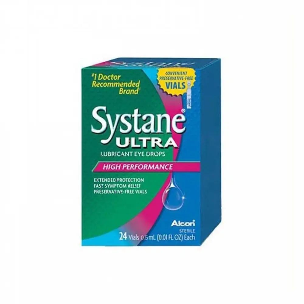 Systane Ultra lubricant eye drops in a blue and green box, offering convenient preservative-free vials for fast relief