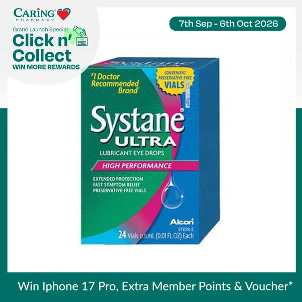 Systane Ultra lubricant eye drops in a blue and green box, offering convenient preservative-free vials for fast relief