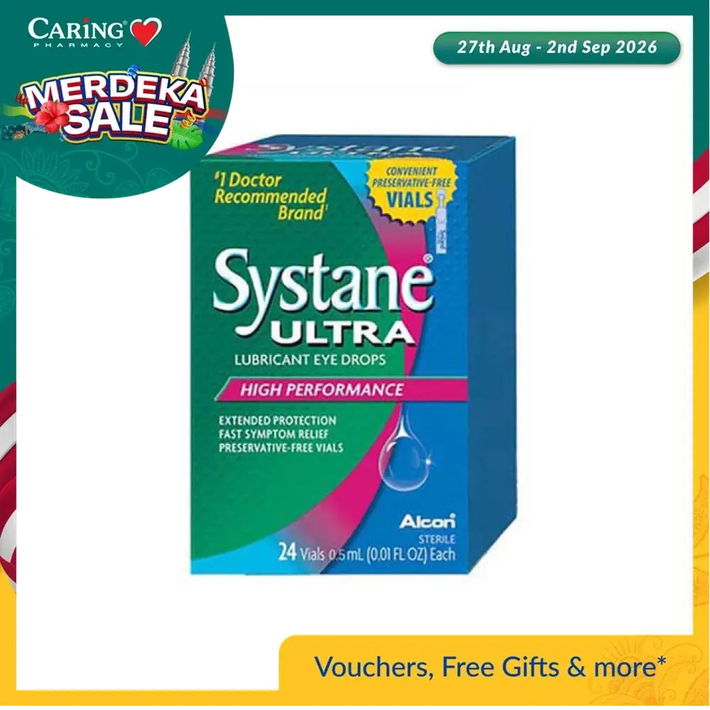 Systane Ultra lubricant eye drops in a blue and green box, offering convenient preservative-free vials for fast relief