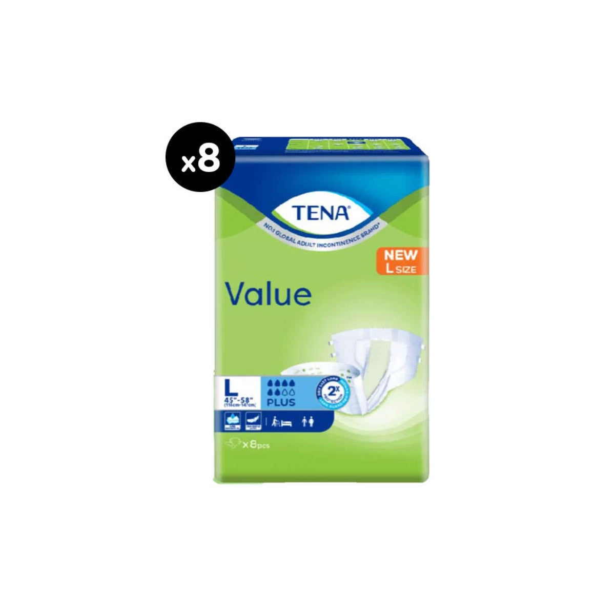 TENA adult diapers large pack with eight diapers designed for maximum comfort and protection
