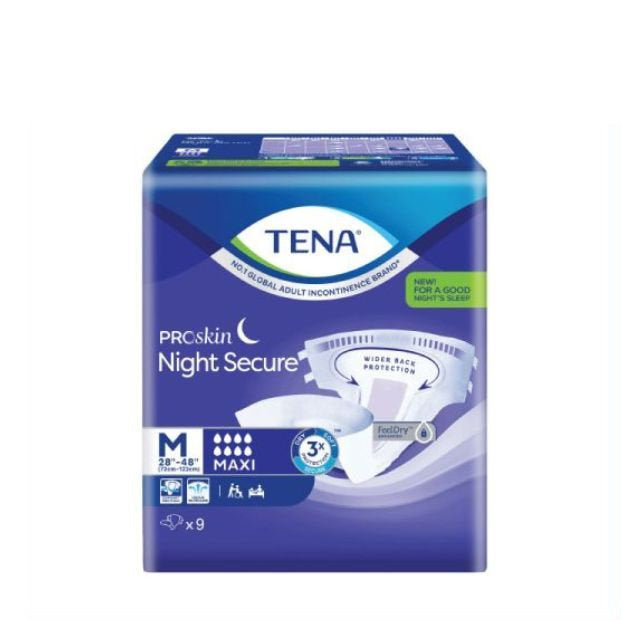 TENA Proskin Night Secure adult diapers in a pack of 9, offering overnight protection for adults