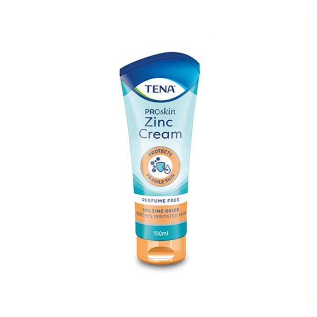 TENA zinc cream for irritated skin in a 100ml tube, designed to protect delicate skin