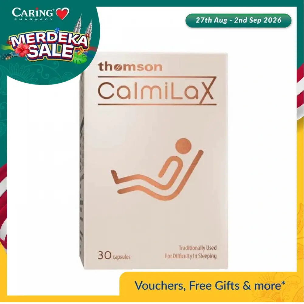 Thomson CalmiLax sleep aid in a box of 30 capsules for difficulty in sleeping