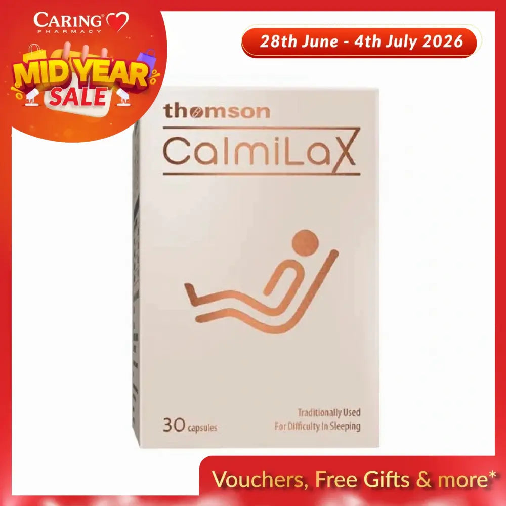 Thomson CalmiLax sleep aid in a box of 30 capsules for difficulty in sleeping