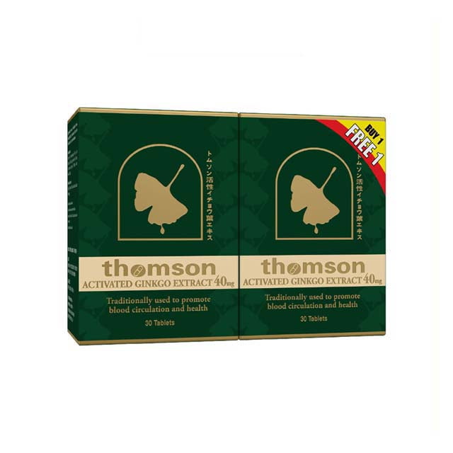 Thomson Ginkgo 40mg supplement box offering 30 tablets for promoting blood circulation and health