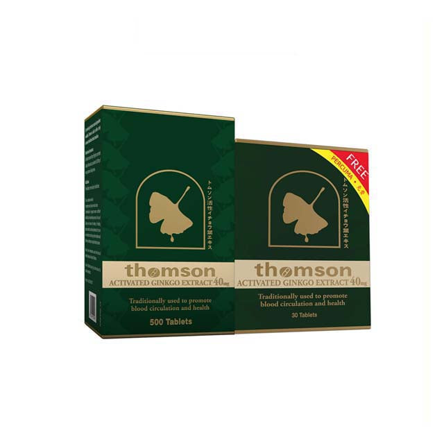 Thomson Ginkgo 40mg tablets packaging showcasing 500 tablets for improved blood circulation and health