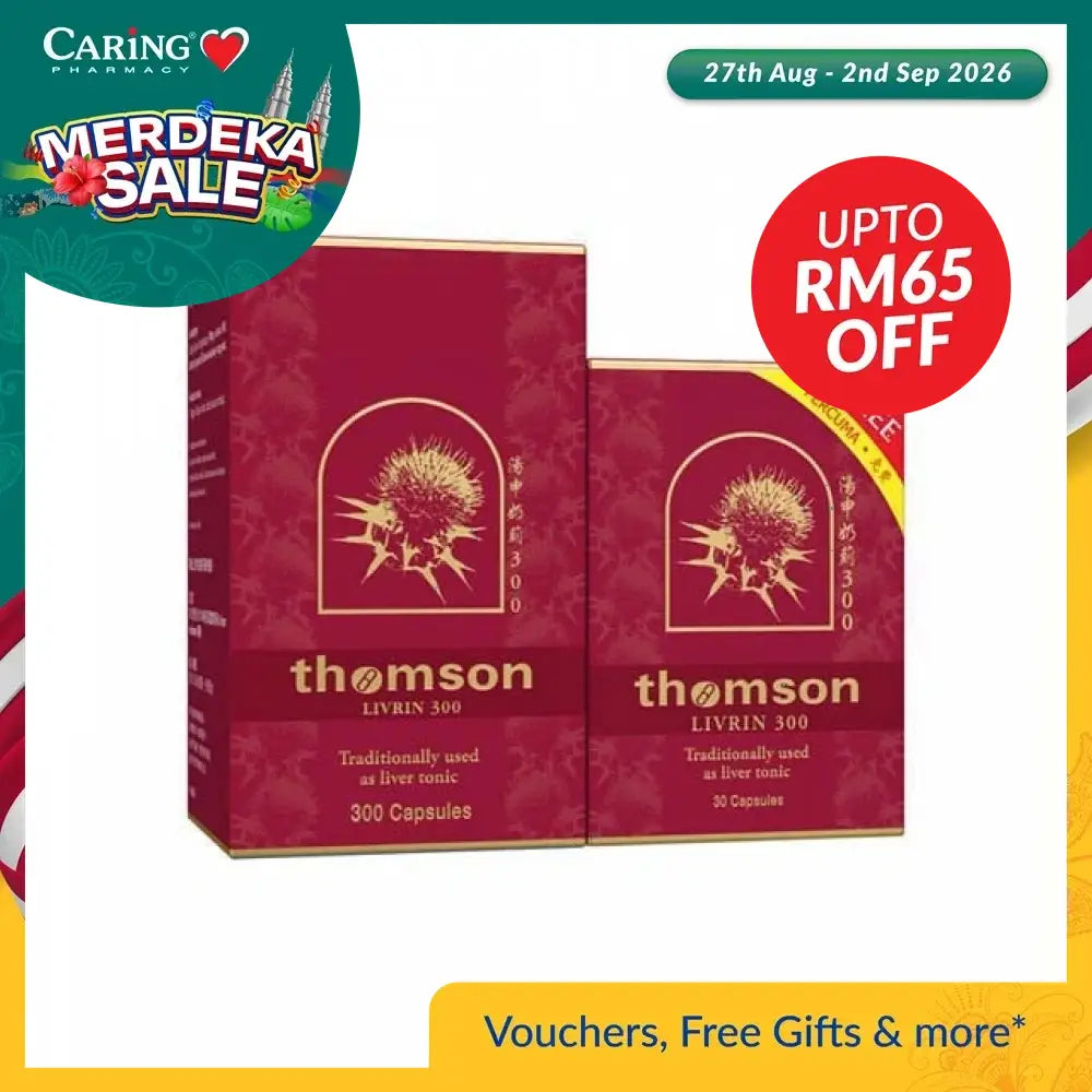 Thomson Livrin 300 liver supplement packaging with 300 capsules for liver health support