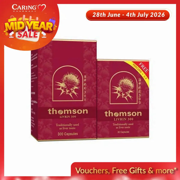 Thomson Livrin 300 liver supplement packaging with 300 capsules for liver health support
