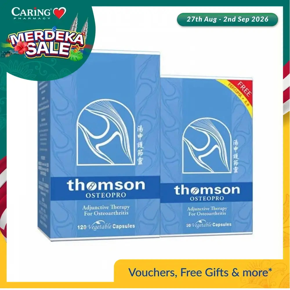 Thomson Osteopro 300mg supplement in blue packaging with 120 vegetable capsules for osteoarthritis support