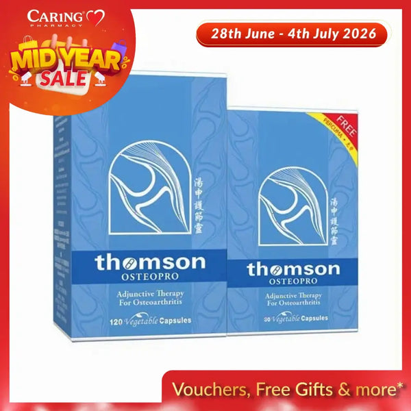 Thomson Osteopro 300mg supplement in blue packaging with 120 vegetable capsules for osteoarthritis support