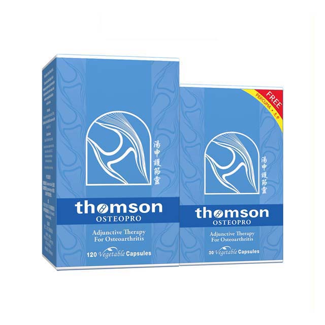 Thomson Osteopro 300mg supplement in blue packaging with 120 vegetable capsules for osteoarthritis support
