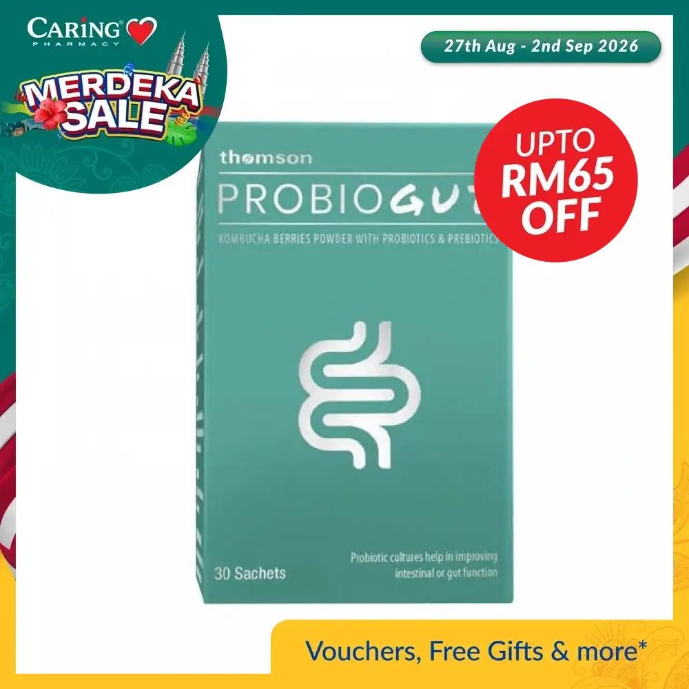 Thomson PROBIOGUT probiotic supplement box with 30 sachets for gut health and digestion support