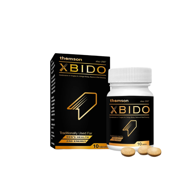 THOMSON XBIDO supplement in a bottle with 10 tablets for men's health and energy.