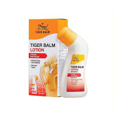 TIGER BALM Lotion pain relief in a white bottle with yellow cap and box featuring a strong relief label