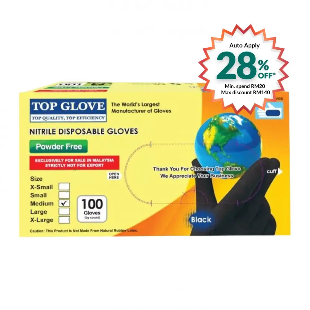 TOP GLOVE NITRILE POWDER FREE GLOVE BLACK M 100S