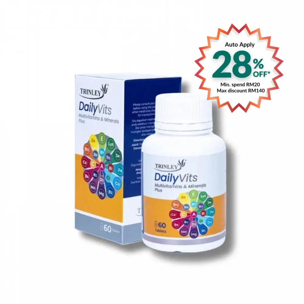 Trinley DailyVits multivitamin tablets in a bottle with colorful nutrient chart and packaging