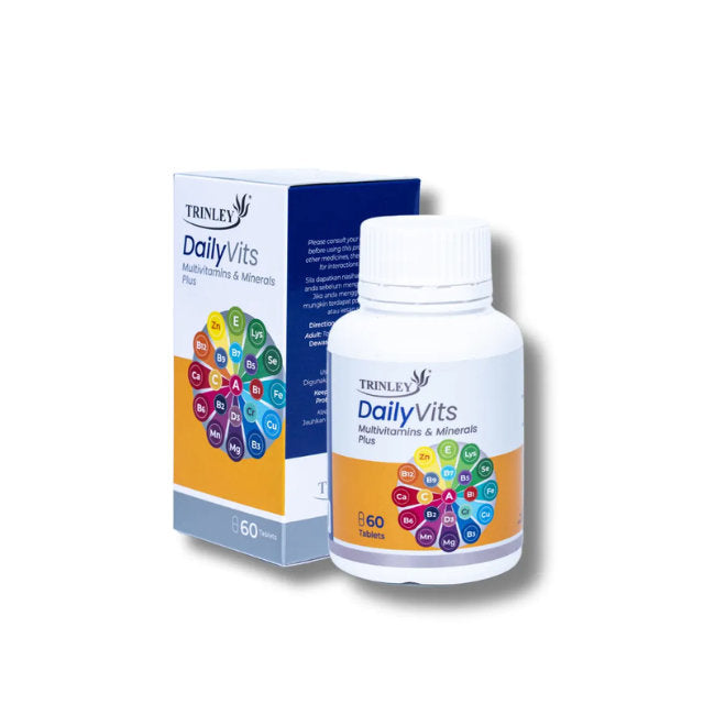 Trinley DailyVits multivitamin tablets in a bottle with colorful nutrient chart and packaging