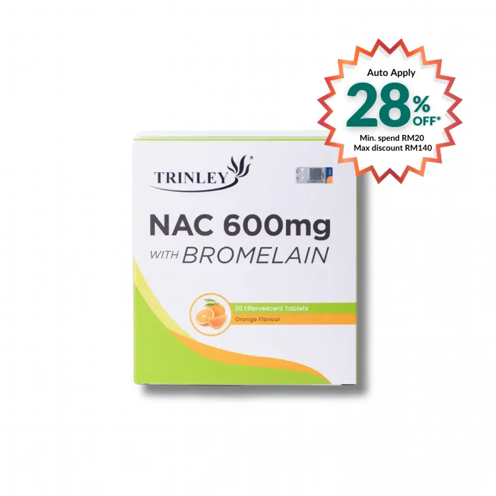 GROWAY TRINLEY NAC 600mg with bromelain supplement in orange flavor, 30 effervescent tablets box