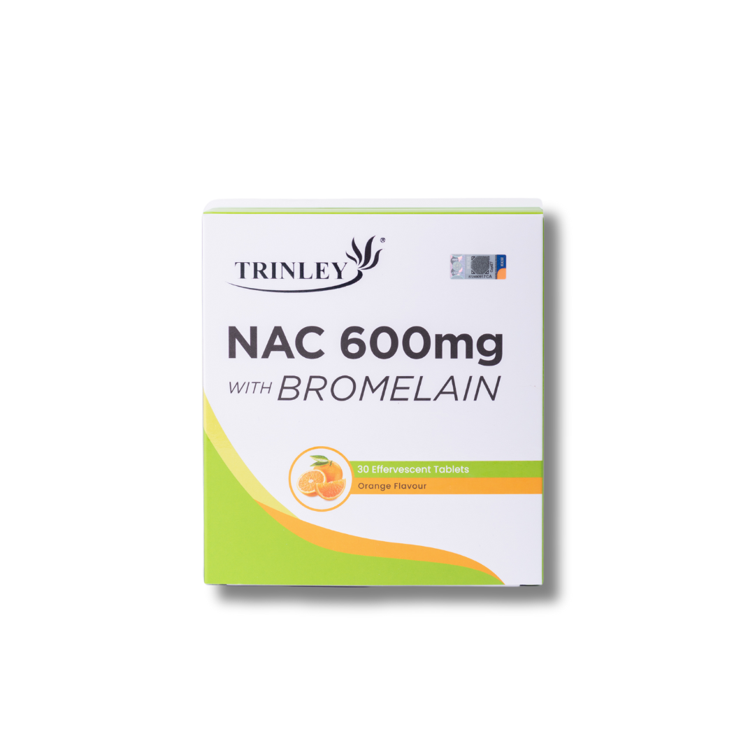 GROWAY TRINLEY NAC 600mg with bromelain supplement in orange flavor, 30 effervescent tablets box