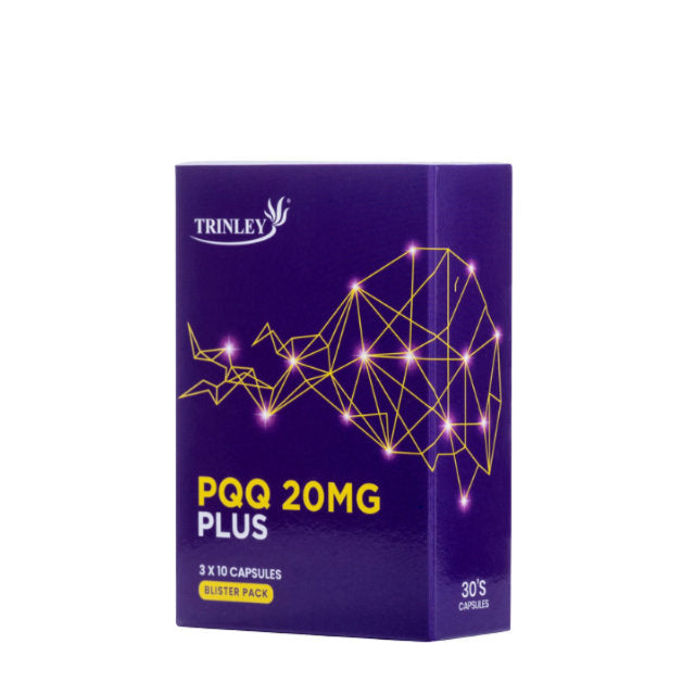 Trinley PQQ 20mg supplement blister pack containing 30 capsules for enhanced energy and vitality
