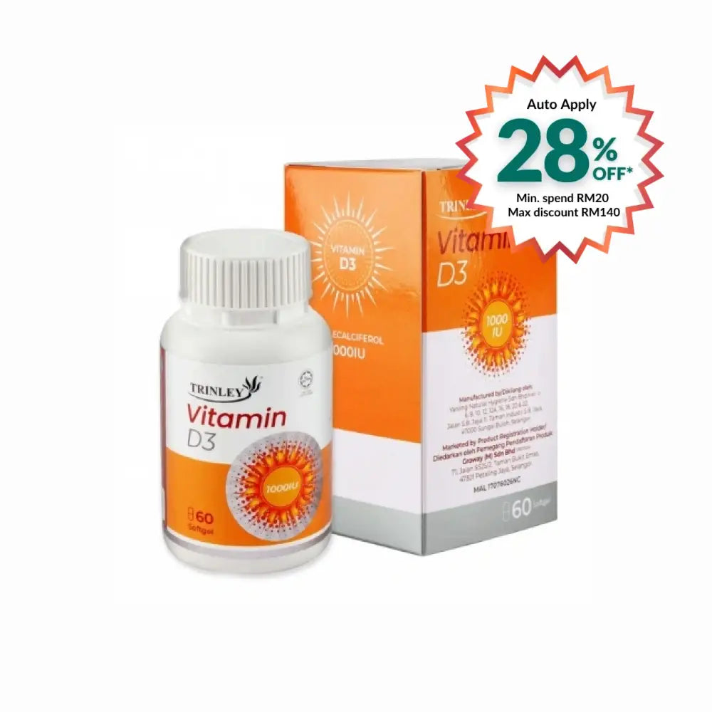 GROWAY TRINLEY Vitamin D3 1000IU supplement bottle with 60 softgels for daily health support