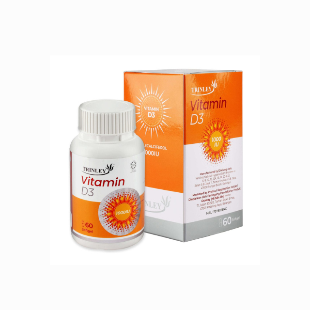 GROWAY TRINLEY Vitamin D3 1000IU supplement bottle with 60 softgels for daily health support
