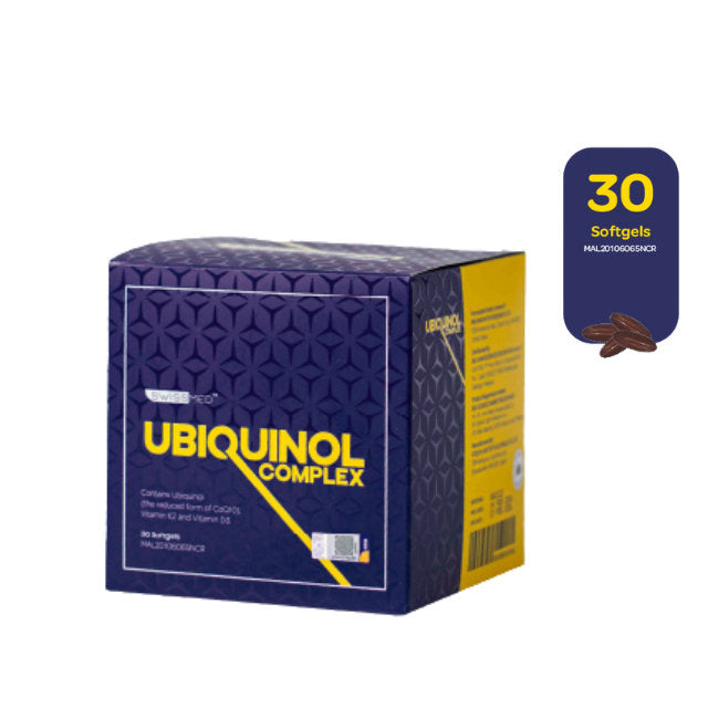 SWISSMED Ubiquinol Supplement Malaysia in a box containing 30 softgels for health support