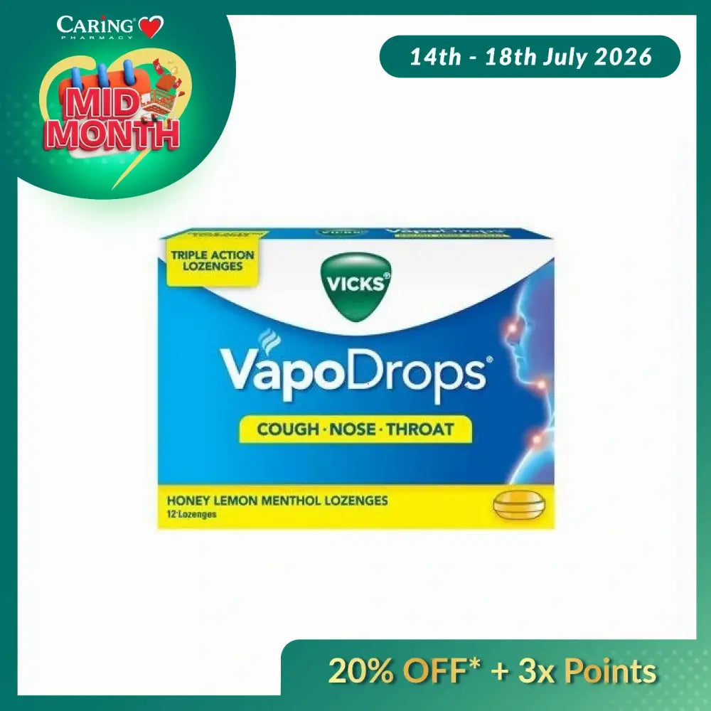 Vicks VapoDrops Honey Lemon for cough relief in a 12 lozenge pack with menthol action