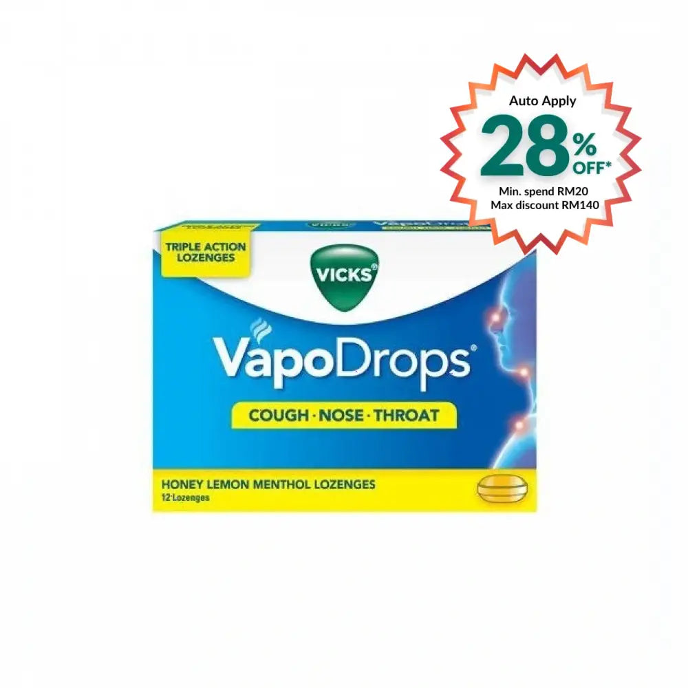 Vicks VapoDrops Honey Lemon for cough relief in a 12 lozenge pack with menthol action