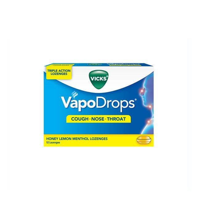 Vicks VapoDrops Honey Lemon for cough relief in a 12 lozenge pack with menthol action