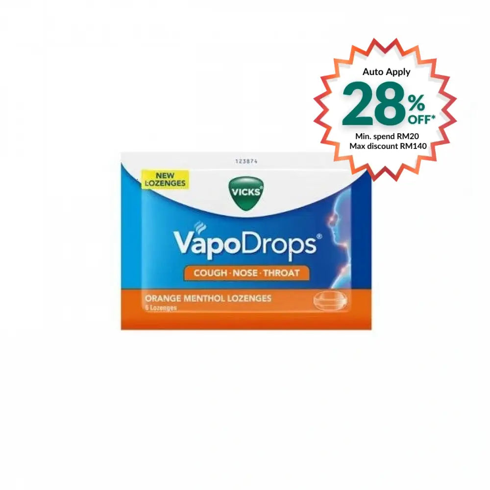 Vicks VapoDrops orange menthol lozenges packaging for cough relief with 8 lozenges