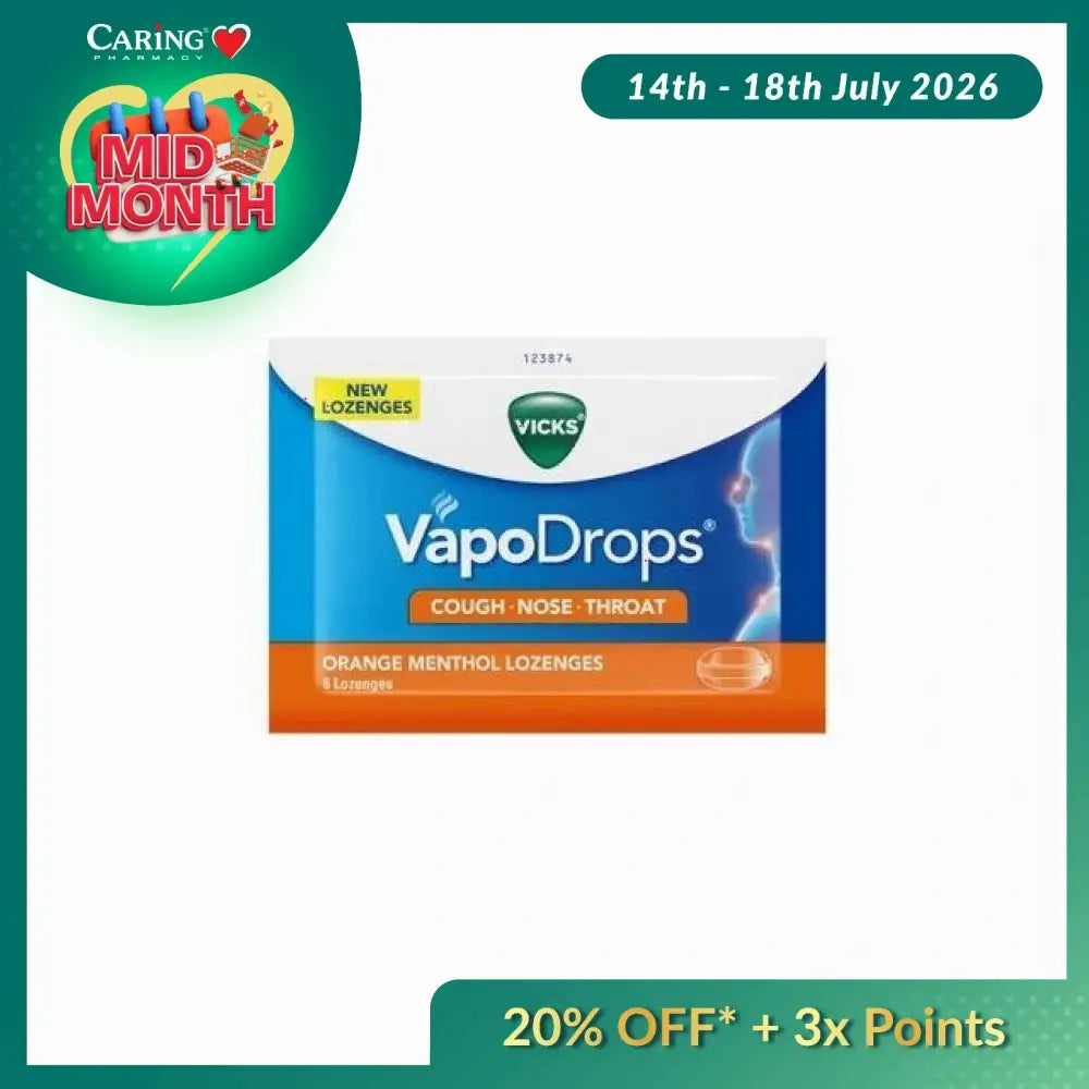 Vicks VapoDrops orange menthol lozenges packaging for cough relief with 8 lozenges