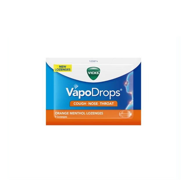 Vicks VapoDrops orange menthol lozenges packaging for cough relief with 8 lozenges
